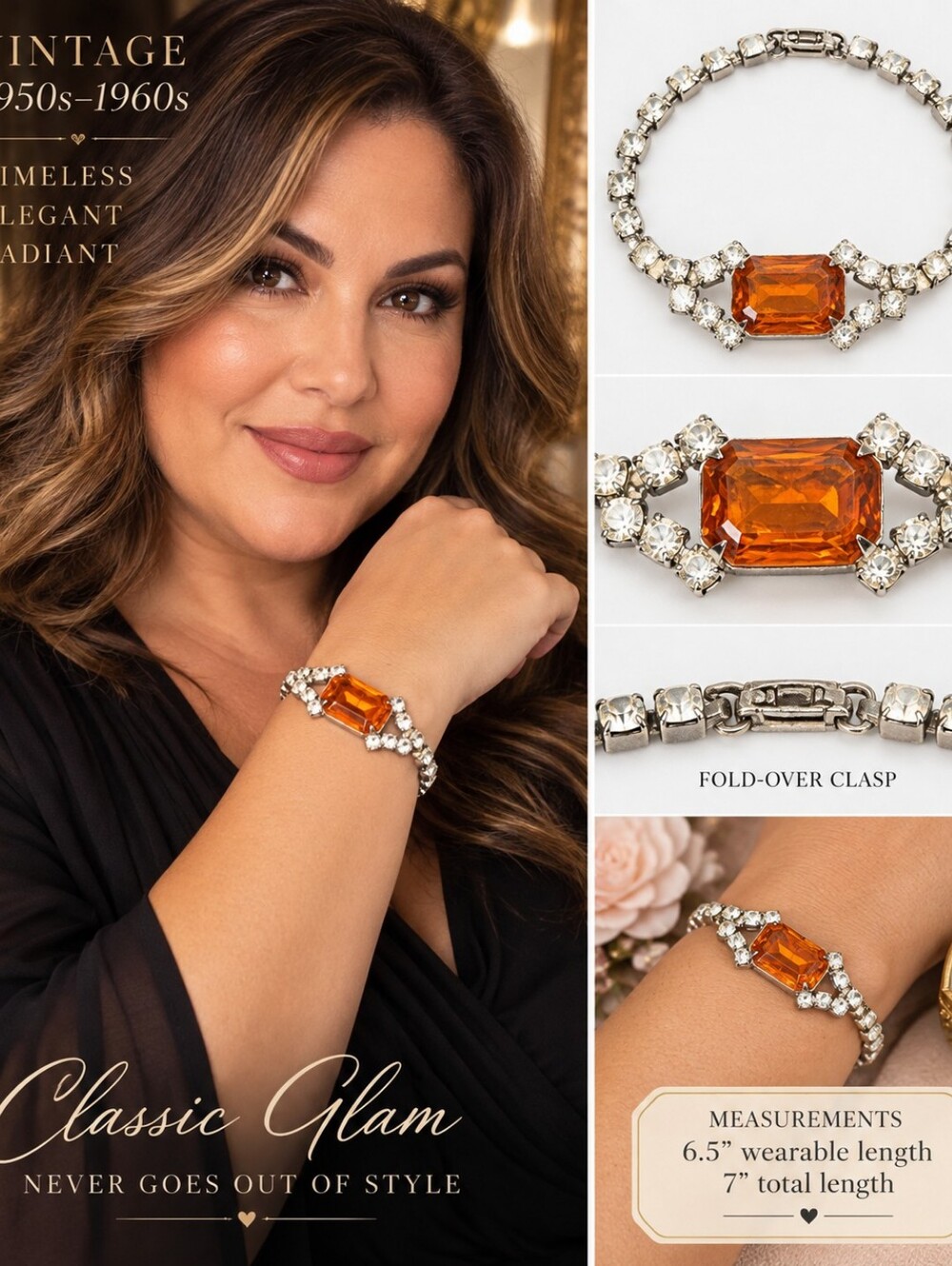 Vintage 1950s 60s Amber Topaz Glass Rhinestone Bracelet Silver Tone Glam